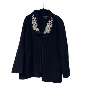 Mercer & Madison Wool Jacket Women 1X Black 100% Wool Floral Embroidered